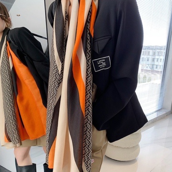 NEW Orange Black Cream Geometric Art Deco Printed Fashion Scarf - Picture 6 of 13
